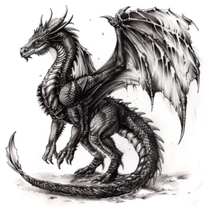 Majestic dragon standing on hind legs tattoo design in black and grey