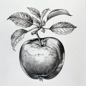 Realistic apple tattoo design with many leaves tattoo design in black and grey