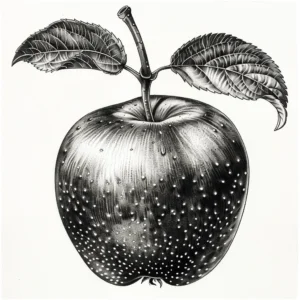 Realistic apple with 2 leaves tattoo design in black and grey