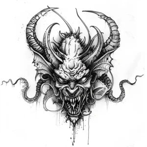 Scary devil head with horns and open mouth tattoo design in black and grey