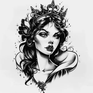 Snow white as the evil queen tattoo design in black and grey
