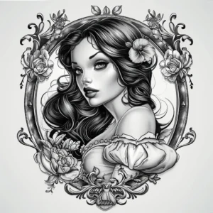 Snow white with a mirror frame with roses tattoo design on black and grey