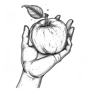 apple with a leaf in a hand tattoo design in black and grey