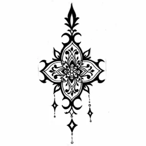 arabic style tattoo design with a flower, lines and curves in black