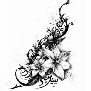 arabic style tattoo design with flowers and tribal in black and grey
