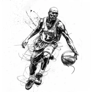 basketball player running with basketball and lines and movement tattoo design in black and grey