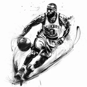 basketball player with beard running with basketball with lines and graphics tattoo design in black and grey