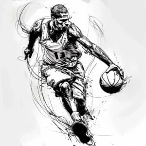 basketball player with number 13 t shirt running with basketball with lines tattoo design