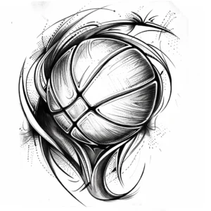 basketball tattoo design with graphics in background in black and grey