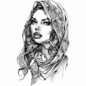 beautiful arabic woman with big lips and with head cover with patterns tattoo design in black and grey