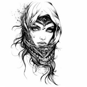 beautiful arabic woman with face tattoo and head cover tattoo design in black and grey