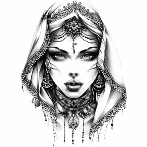 beautiful arabic woman with intense eyes and lip ring tattoo design in black and grey