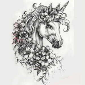 beautiful unicorn head tattoo design with flowers and leaves tattoo design in black and grey