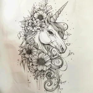 beautiful unicorn head with flowers and sun flowers and leaves tattoo design in black and grey