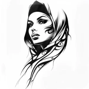 beautiful arabic woman with tribals tattoo design in black and grey