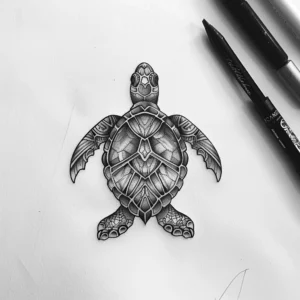 beautilful small turtle with artwork tattoo design in black and grey