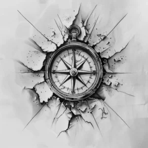 compass with breaking and crushing background tattoo design in black and grey