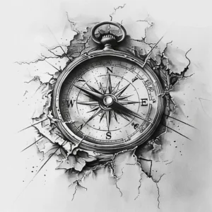 compass with breaking background tattoo design in black and grey