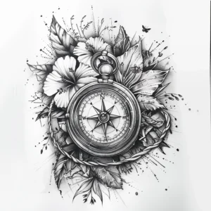 compass with flowers and rope tattoo design in black and grey