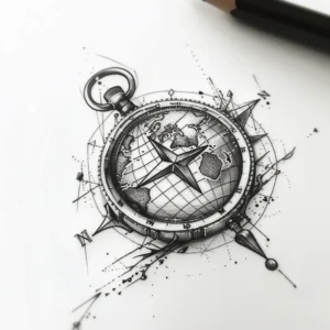 compass with globe map in it tattoo design in black and grey