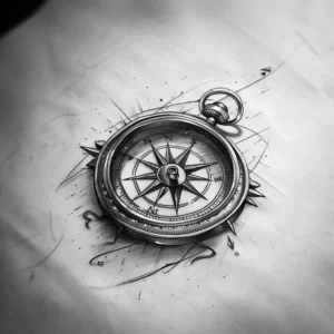 compass with lines and dots around it tattoo design in black and grey
