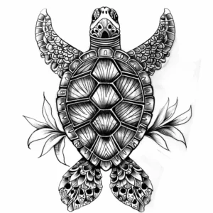 creative simple turtle tattoo design with leaves seen from above in black and grey