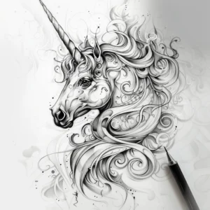 creative unicorn head with flames and curls tattoo design in black and grey