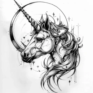 creative unicorn tattoo with moon, stars and circle tattoo design in black and grey