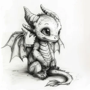cute baby dragon sitting and smiling tattoo design in black and grey