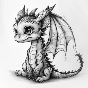 cute baby dragon sitting and smiling with thick outher lines tattoo design in black and grey