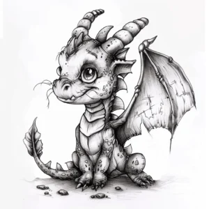 cute baby dragon with whiskers sitting down tattoo design in blackc and grey