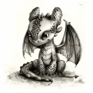 cute dragon with big eyes and wide smiling mouth sitting down tattoo design in black and grey
