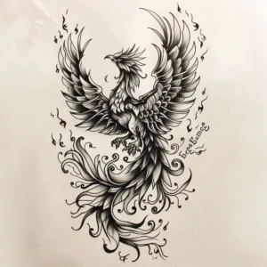 dark phoenix with wings spread tattoo design in black and grey