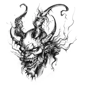 devil head tattoo design with horns, white eyes and scar in black and grey