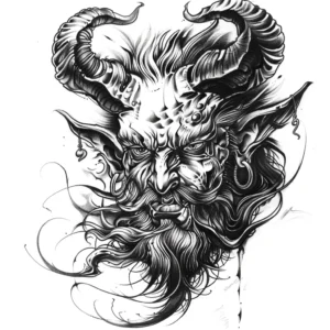 devil head with horns, beard and earrings tattoo design in black and grey