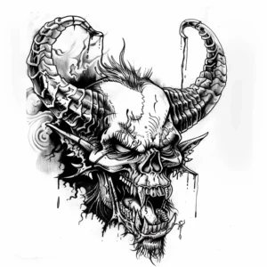 devil skull head tattoo design with horns and open mouth in black and grey