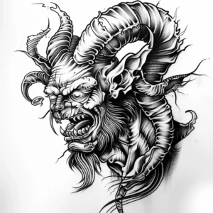 devil with beard, horns and open mouth tattoo design in black and grey
