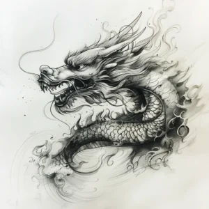 dragon head with flames tattoo design in black and grey