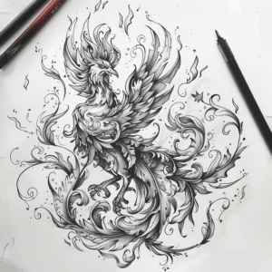 flaming fierce phoenix tattoo design in black and grey