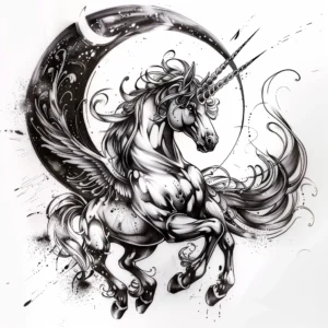 flying unicorn with wings and two horns with the moon behind tattoo design in black and grey