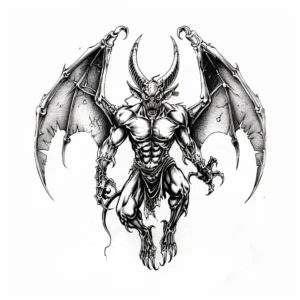full body devil with wings and gorns tattoo design in black and grey