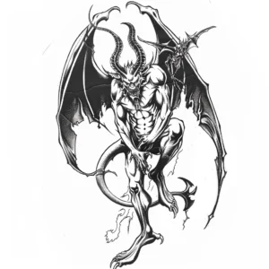 full body devil with wings, tail and horns tattoo design in black and grey