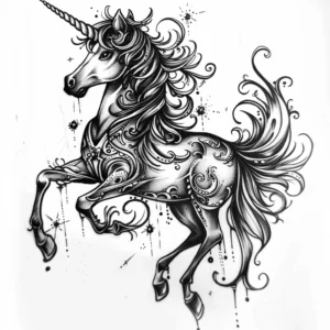full body magical unicorn tattoo design in dark black and grey