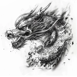japanese dragon head with flames tatoo design in black and grey