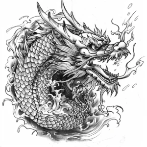 japanese dragon with flames around it tattoo design in black and grey