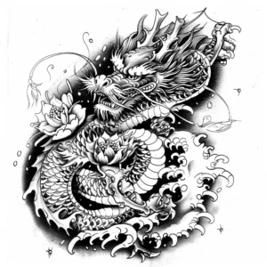 japanese dragon with waves and flowers tattoo design in black and grey