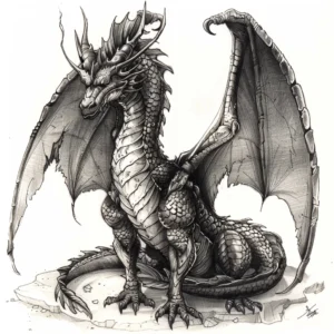 majestic wise dragon sitting on a rock tattoo design in black and grey