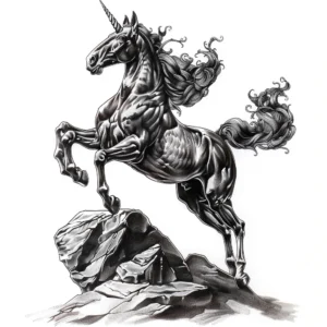 muscular unicorn on rock tattoo design in dark black and grey