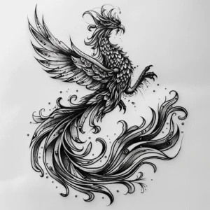 phoenix bird with long rising from the fire tattoo design in dark black and grey