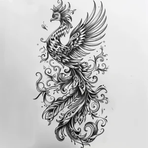 phoenix from the side with peacock head tattoo design in black and grey